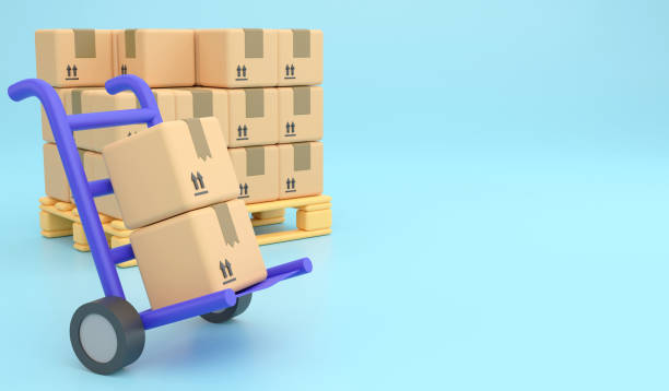 istock Blue trolley with parcel box. 3d render logistic and delivery icon concept and copy space on blue background 2151995998