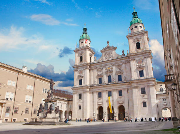 Cathedral of Saints Rupert (Salzburger Dom) and Marian column in Domplatz square in Salzburg