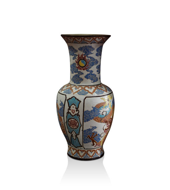 antique white and blue and brown ceramic vase on white background, object, decor, vintage, retro, ancient, copy space