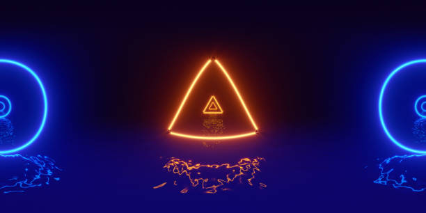 istock Glowing neon lines. Full spherical panorama 360 degrees. Reflections on ground, lights, abstract vintage retro background, ultraviolet, spectrum vibrant colors, laser show. 3D render illustration. 2152000475