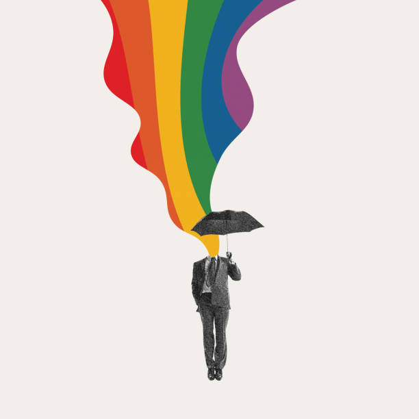 istock Monochrome image of man in a suit walking under umbrella with colorful rainbow element on background. Support. Contemporary art collage. 2152003882