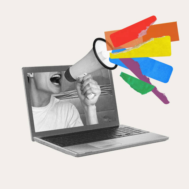 istock Man shouting in megaphone from laptop with multicolored elements. Showing support of LGBTIA community. Contemporary art collage. 2152003891