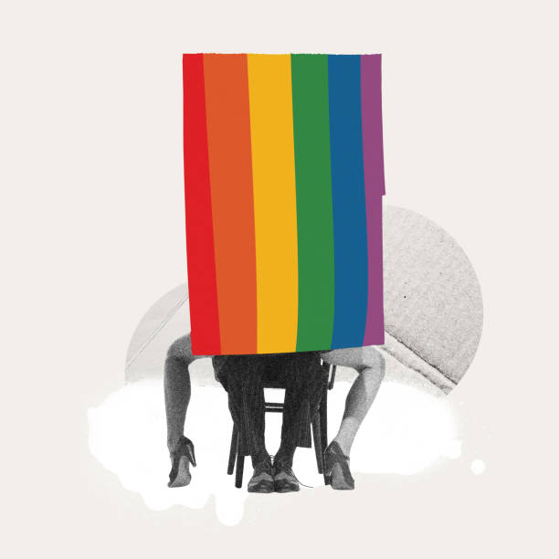 istock Privacy in pride. Private moment between two people, hidden behind vertical rainbow stripe. Contemporary art collage. 2152003894
