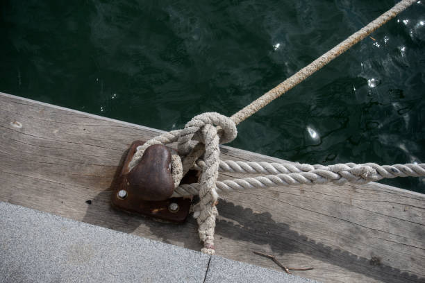 Closeup Cleat with mooring rope, background with copy space, full frame horizontal composition