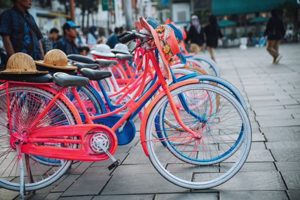 colorful parked bicycles on the street. Copenhagen, Denmark - August 25, 2025