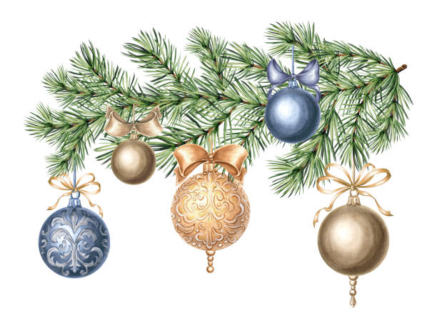 istock Christmas tree balls with silk bows on spruce branch. Hand drawn watercolor illustration New Year holiday design. Pine with decoration in vintage stile. Isolated template for invitation, card, print. 2152007040