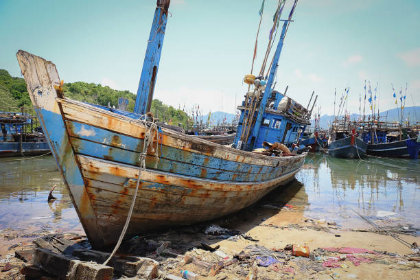 the ruin boat on the beach with dramatic tone