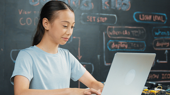 Cute Program Cute Asian Girl Programing System By Using Laptop At Blackboard ...