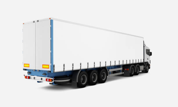 Two trucks in a parking lot with an empty container trailer open gates at the back, ready to load products, goods cargo