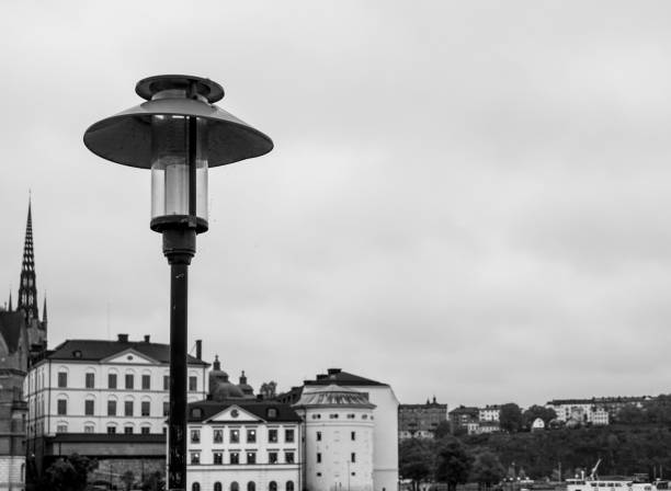View of a lamp post in front of buildings