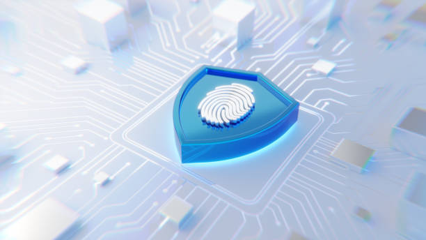 istock Privacy and personal data safety concept. Fingerprint symbol on blue glossy shield 3d icon on abstract circuit board with zoom in and lens distortion effect 2152025728