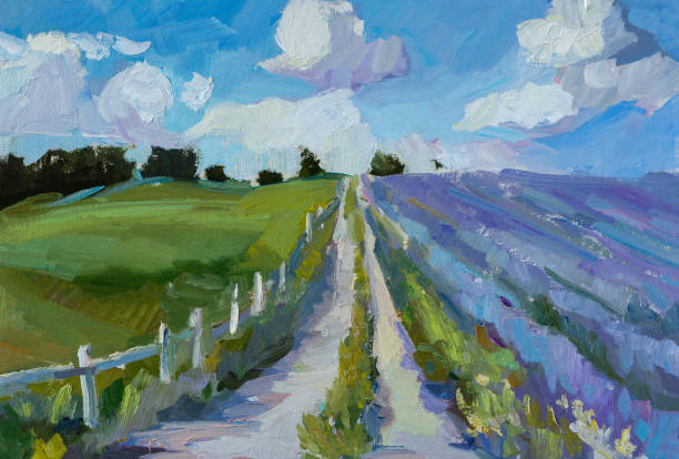 Lavender field oil painting. Lavender field oil painting. A road with clouds in the middle of a field. Artistic summer background. The concept of travel. Original oil painting. Modern art, a hand-drawn painting. Impressionism landscape painting stock illustrations