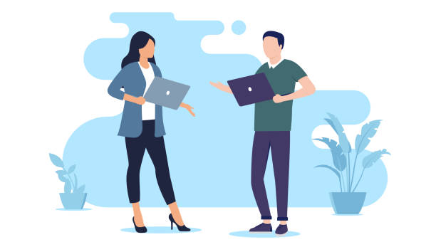 Man and woman with computers Two working business people standing, holding laptops in hands, talking and discussing. Flat design vector illustration with white background informal business meetings stock illustrations