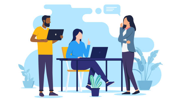 illustrazioni stock, clip art, cartoni animati e icone di tendenza di conversazione in ufficio alla scrivania - ufficio