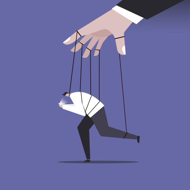 istock Conceptual illustration of a big hand controlling a man holding a mobile phone 2152031345