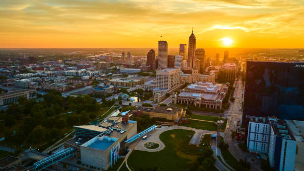 istock Aerial Sunset Glow on Indianapolis Skyline and River 2152032509