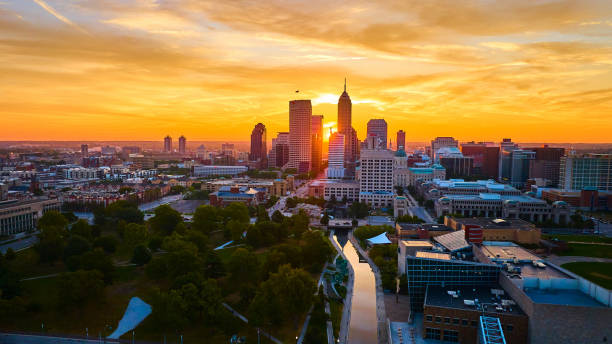 Aerial Golden Hour Skyline with River Reflection, Indianapolis