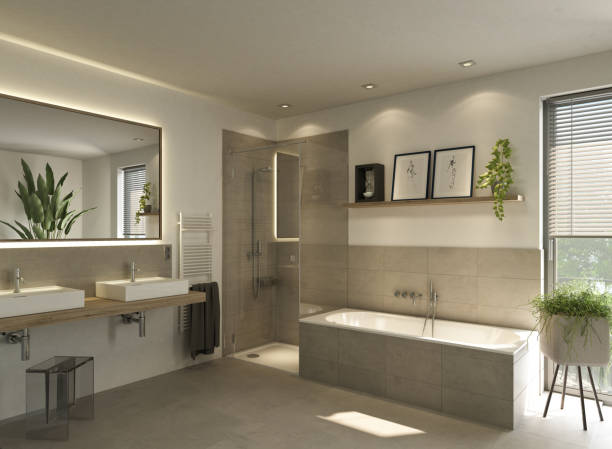 istock Modern bathroom with beige tiles 2152035300
