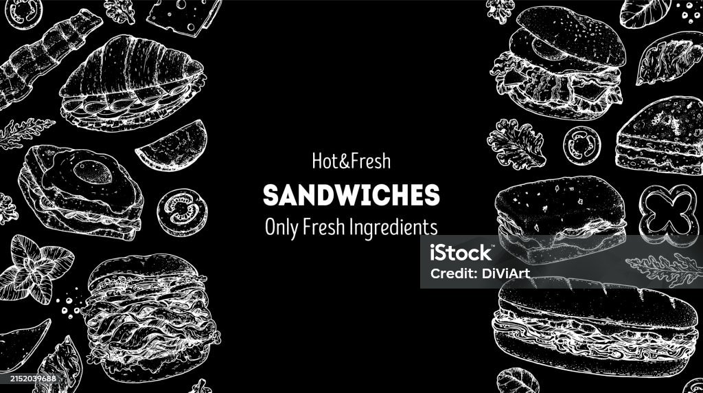 Fresh Sandwich Vector Hot And Fresh Sandwiches Frame Menu Design Template Sandwich Sketches ...