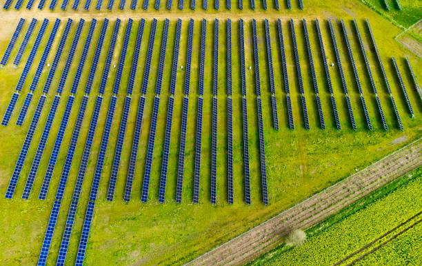 istock Aerial view of field with solar panels 2152040521