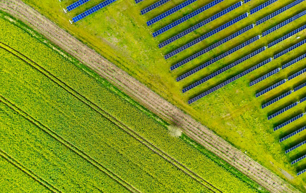 istock Aerial view of field with solar panels 2152040647