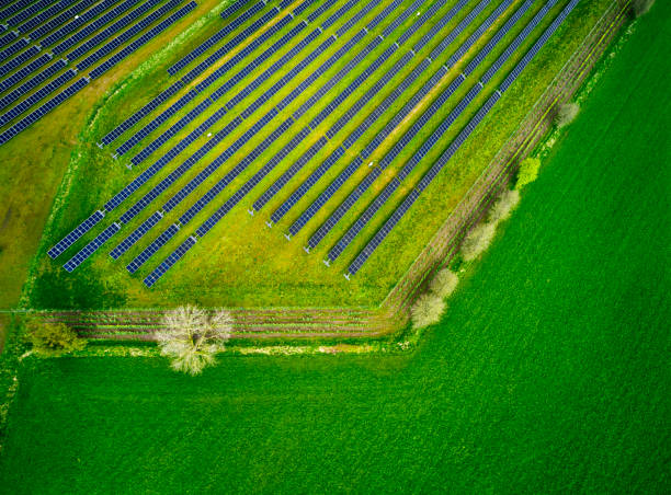 istock Aerial view of field with solar panels 2152040685