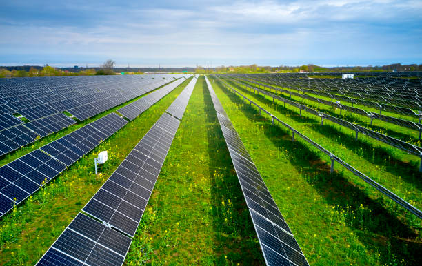 istock Aerial view of field with solar panels 2152042333