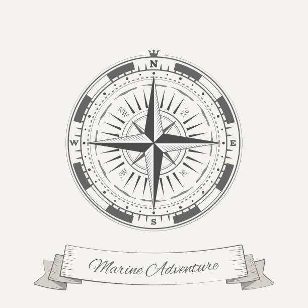 Vintage grey ribbons compass rose Vintage grey and white color ribbon with north wind rose. Label banner retro classic decoration. Vintage old engraving ribbon map windrose template. Naval exploration map design element. west marin stock illustrations