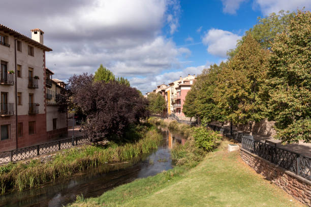 istock river view, lush greenery, charming European buildings, partly cloudy sky, stone wall, iron railing, serene atmosphere 2152046258