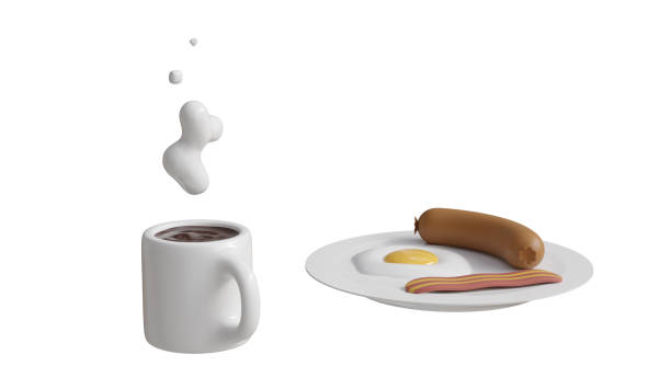 istock breakfast food 3d realistic render 3d render icon set. coffee, egg, sauce, fork, knife, plate 2152047649