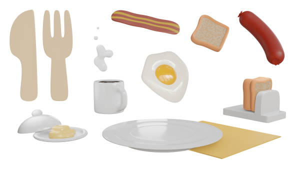 istock breakfast food 3d realistic render 3d render icon set. coffee, egg, sauce, fork, knife, plate 2152047791