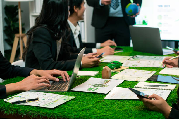 istock Businessman leader give presentation on eco-friendly implementation. Quaint 2152047891