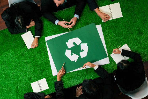 Top view panorama banner recycle icon on meeting table. Quaint