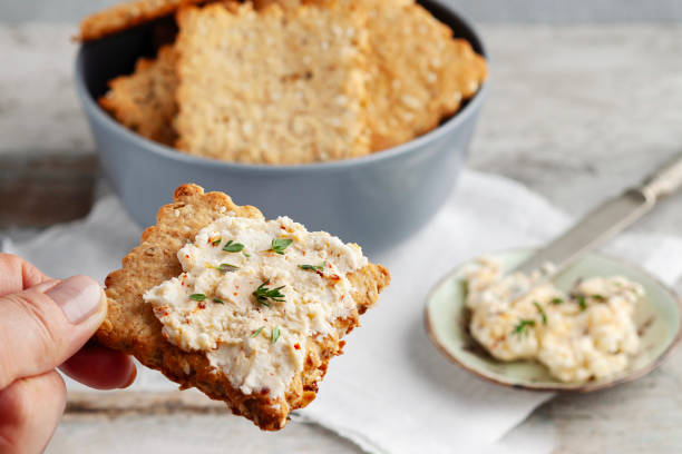 Biscuit with chesee. Cookie. Cracker. Shortbread and chesee. Cookie with cream cheese.