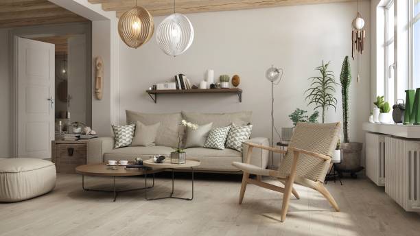 istock Living room interior designed in an eclectic way combining Scandinavian, Japandi and boho styles. 2152050856