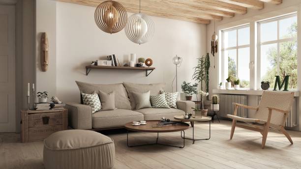istock Living room interior designed in an eclectic way combining Scandinavian, Japandi and boho styles. 2152050917