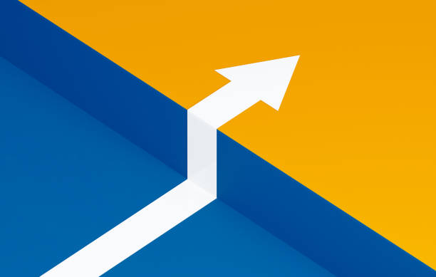 istock Choice Concept - White Arrow Over Yellow And Blue Background 2152055512