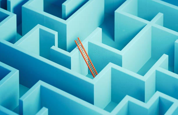 red colored ladder inside a blue maze - solution concept - fugir da realidade imagens e fotografias de stock