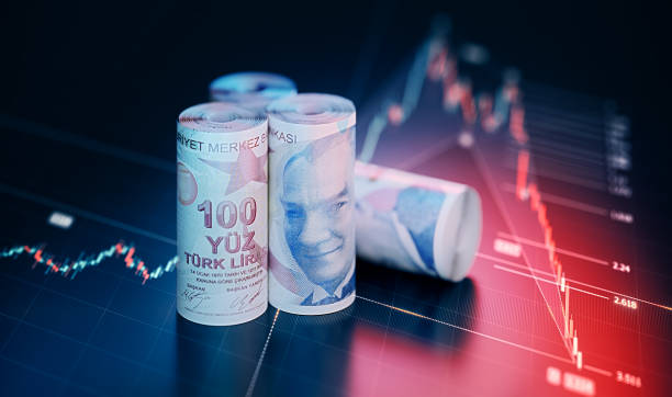 Turkish Lira Bills Over Financial Chart Background