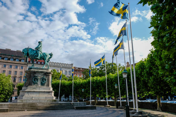Sweden flags in Malmo city center town square