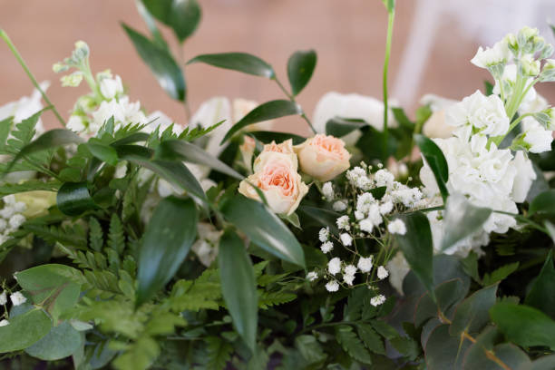 istock Elegant floral wedding table decoration in white tones 2152061099