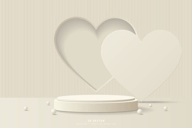 istock Cream 3D cylinder podium pedestal realistic with heart shape window and cover backdrop, sphere balls. Valentine day scene for promotion and advertise product. 3D vector geometric platform design 2152061635