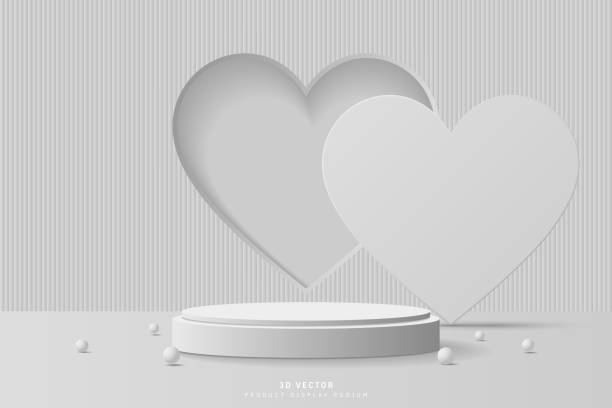 istock Gray 3D cylinder podium pedestal realistic with heart shape window and cover backdrop, sphere balls. Valentine day scene for promotion and advertise product. 3D vector geometric platform design 2152061636