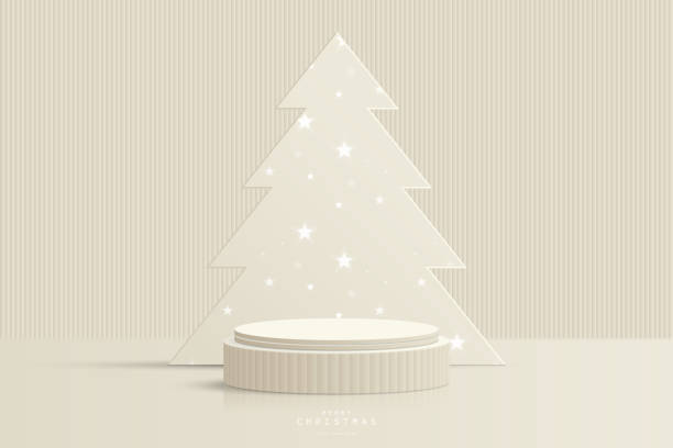 istock Abstract cream 3D cylinder podium pedestal realistic with glowing star pattern or neon star light bulb on christmas tree backdrop. Christmas scene for product mockup. 3D vector geometric form design 2152061718