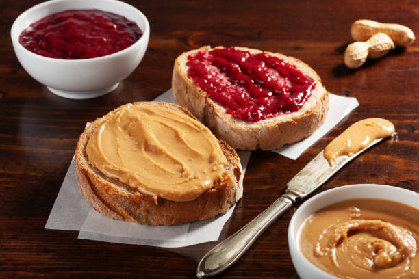 istock smooth peanut butter and jam bread toast, american traditional sandwich 2152063606