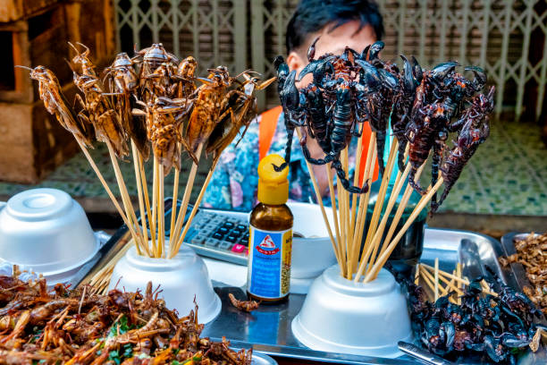Woman selling insects in the Talat Kao Old Market in Soi 6 of Yaowarat Road, Bangkok, Thailand