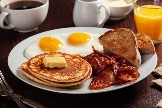 istock traditional full american breakfast eggs pancakes with bacon and toast 2152063684