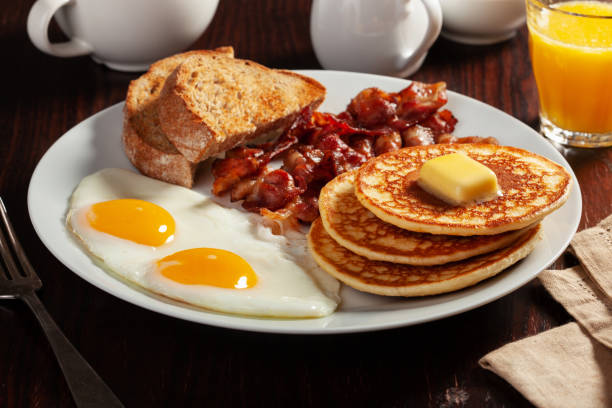 istock traditional full american breakfast eggs pancakes with bacon and toast 2152063695