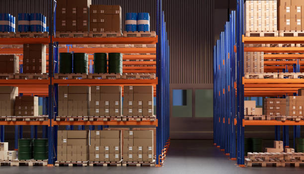 Warehouse logistics center. Hangar with stored boxes and barrels. Multi-tiered racks with goods on pallets. Industrial warehouse of factory. Storage area for modern manufactory. 3d image