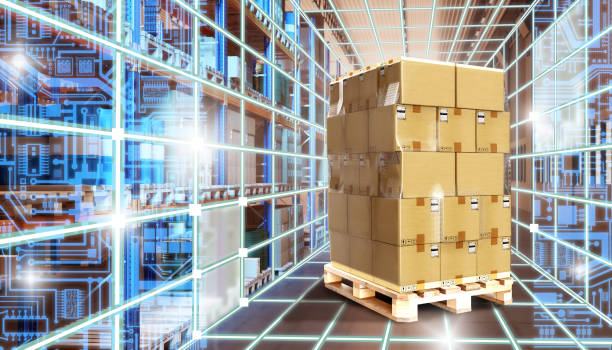 istock A flight with boxes is projected against the background of the warehouse. Modern warehouse and cargo management.  Interface for cargo management 3D image 2152070586